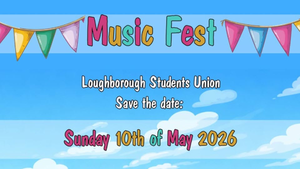 A graphic of a blue sky with clouds. Multicolour text reads 'music fest' with bunting surrounding it.